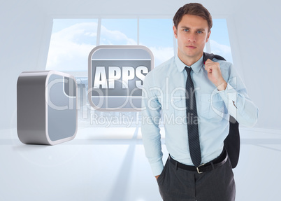 Composite image of serious businessman holding his jacket