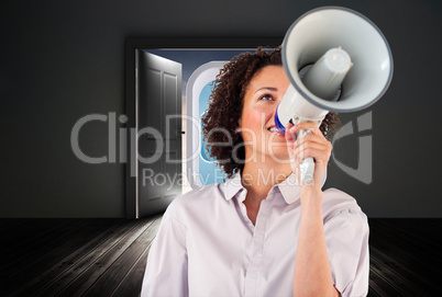 Composite image of businesswoman shouting through megaphone