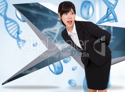 Composite image of surprised businesswoman bending