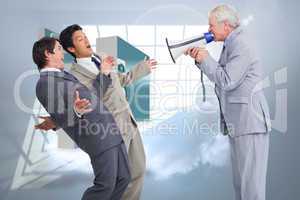 Composite image of senior salesman with megaphone yelling at his