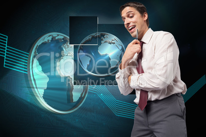 Composite image of thoughtful businessman holding pen to chin