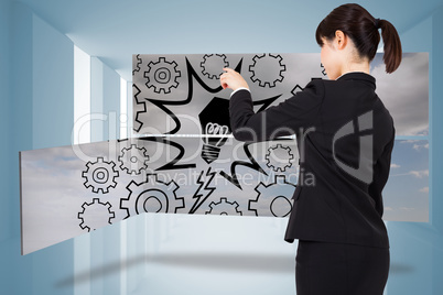 Composite image of thoughtful businesswoman pointing