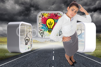 Composite image of worried businesswoman