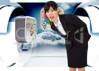 Composite image of surprised businesswoman bending