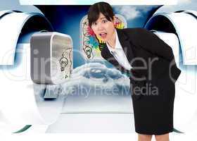 Composite image of surprised businesswoman bending