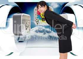 Composite image of smiling businesswoman bending