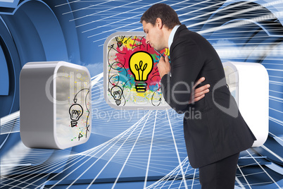 Composite image of thinking businessman holding pen