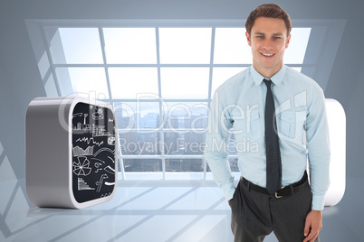 Composite image of happy businessman standing with hand in pocke