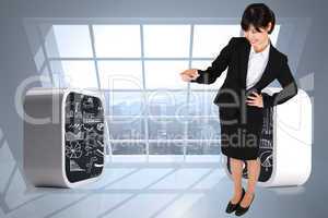 Composite image of smiling businesswoman pointing