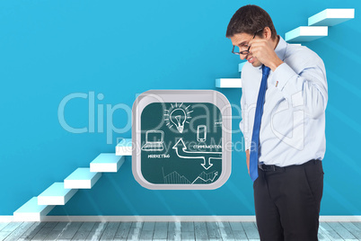 Composite image of thinking businessman tilting glasses