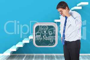 Composite image of thinking businessman tilting glasses