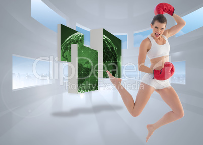 Composite image of motivated fit brown haired model in sportswea