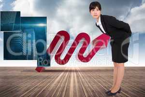 Composite image of serious businesswoman bending