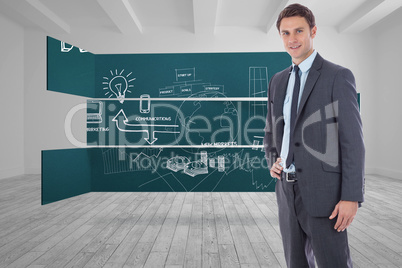 Composite image of smiling businessman with hand on hip