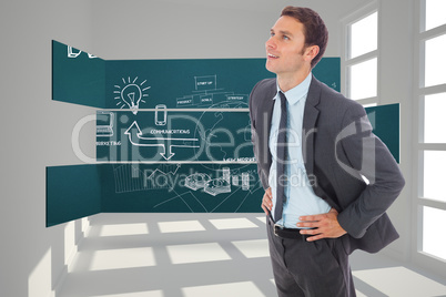 Composite image of cheerful businessman standing with hands on h