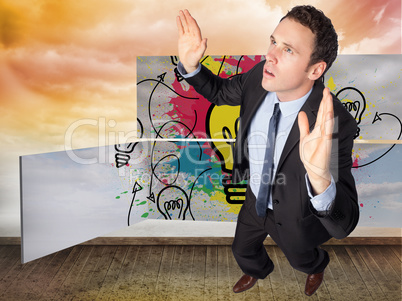 Composite image of businessman posing with arms raised