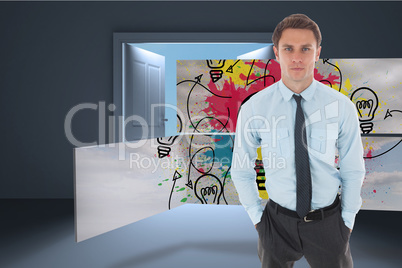 Composite image of serious businessman with hands in pockets