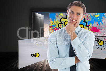 Composite image of thinking businessman with hand on chin