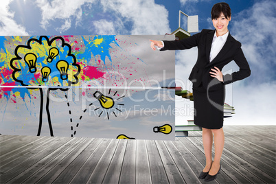 Composite image of smiling businesswoman pointing