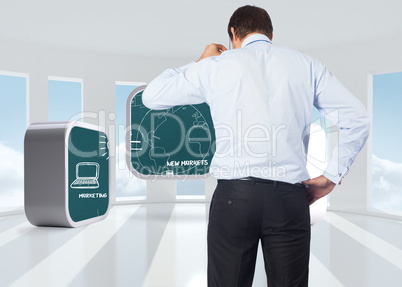 Composite image of thinking businessman tilting glasses