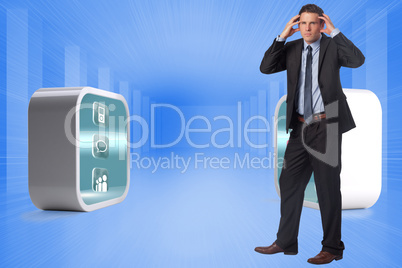 Composite image of stressed businessman with hands on head