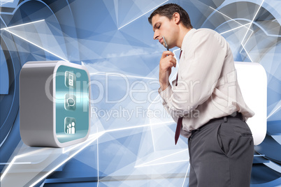 Composite image of thoughtful businessman holding pen to chin