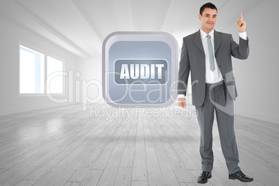 Composite image of businessman pointing upwards