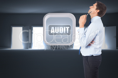 Composite image of thinking businessman holding pen