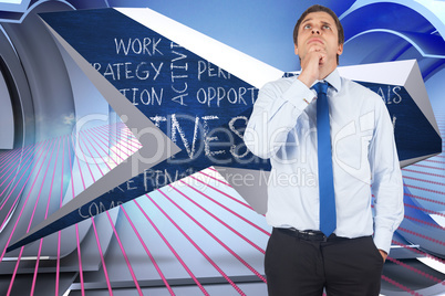 Composite image of thinking businessman touching his chin