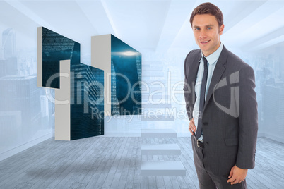 Composite image of cheerful businessman standing with hand on hi