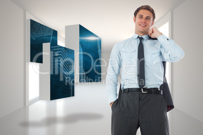 Composite image of smiling businessman holding his jacket