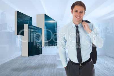 Composite image of smiling businessman holding his jacket