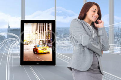 Composite image of smiling thoughtful businesswoman