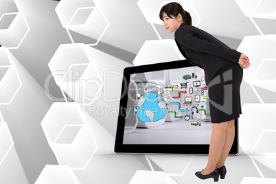 Composite image of serious businesswoman bending
