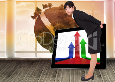 Composite image of serious businesswoman bending