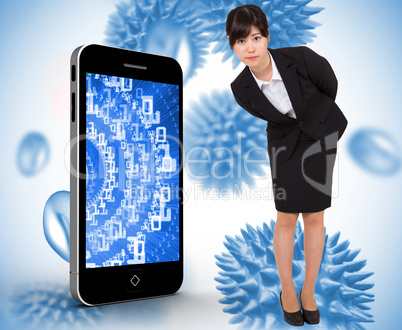 Composite image of serious businesswoman bending