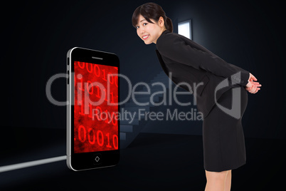 Composite image of smiling businesswoman bending