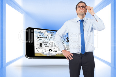 Composite image of thinking businessman tilting glasses