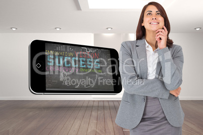 Composite image of thinking happy businesswoman