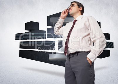 Composite image of thinking businessman touching his glasses