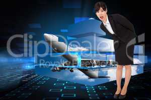 Composite image of surprised businesswoman bending