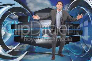 Composite image of businessman standing with arms out