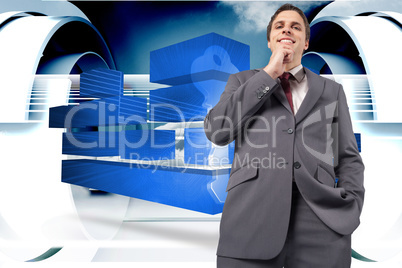 Composite image of thoughtful businessman with hand on chin