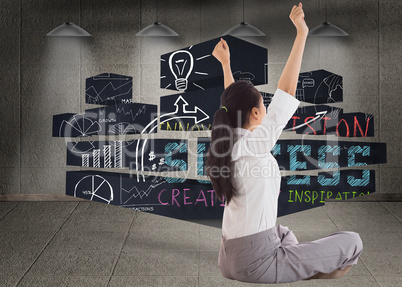 Composite image of businesswoman sitting cross legged cheering