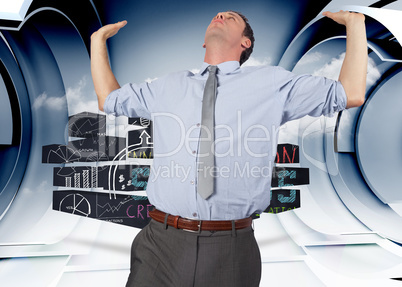 Composite image of businessman standing with hands up