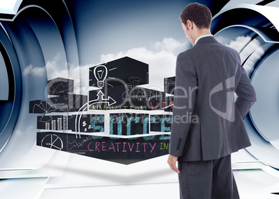 Composite image of businessman standing with hand on hip