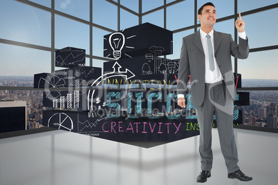 Composite image of businessman pointing and looking upwards Composite image of businessman pointing and looking upwards