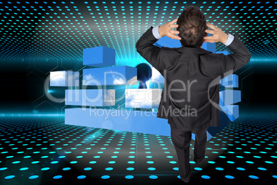 Composite image of stressed businessman with hands on head