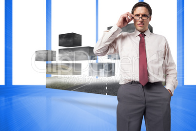 Composite image of thinking businessman touching his glasses