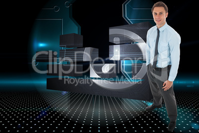 Composite image of happy businessman standing with hand in pocke